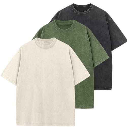 3 Pcs Oversized Heavy Cotton Summer T-Shirts Vintage Unisex Short Sleeves Casual Loose Basic Tops(Beige+ArmyGreen+Black L)