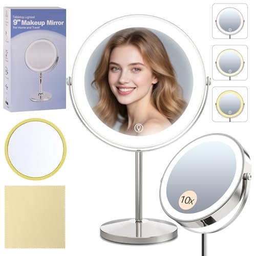 9" Magnifying Mirror with Light 1X/10X, Makeup Mirror with Light includes small mirror, 2000mAh Rechargeable, 360° Rotation, 3 Color Modes, Double-Sided, Ideal for Eyebrows, Lenses & Skincare