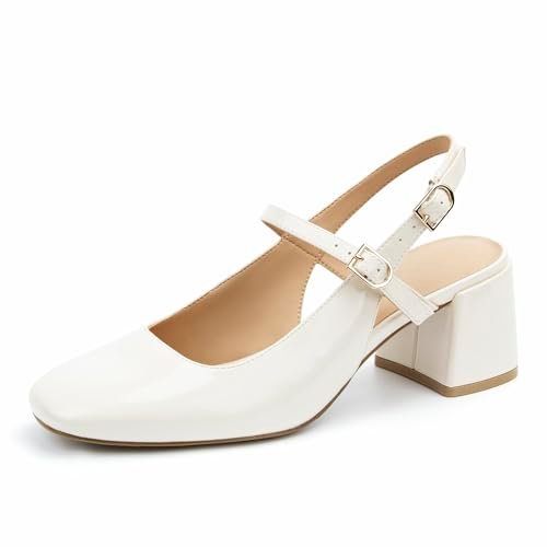 AprCoco Womens Mary Jane Chunky Low Heels Pumps Square Toe Buckle Strap Wedding Party Dress Shoes,Size 07，Beige