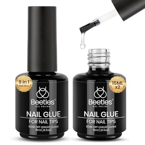beetles Gel Polish 9 In 1 Gel Nail Glue for Clear Acrylic Nail Tips 2 Pcs 15ml Long Lasting Nail Gel Kit for False Nails Tips, Base Blooming Nail Gel, Spring Nail Art, U V Light Required