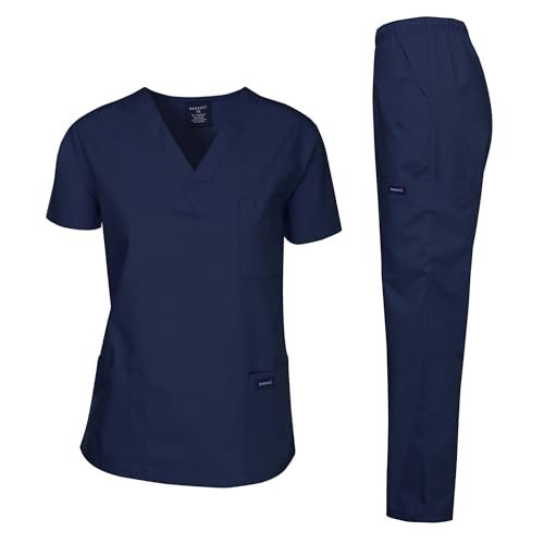 Dagacci Medical Uniform Womens and Mens Scrub Set Unisex Medical Scrub Shirt Top and Pant, Navy, Large,