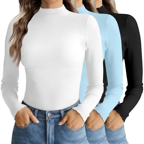 Ekouaer Mock Neck Tops for Women Turtleneck 3 Pack Thermal Long Sleeve Women Womens Undershirts Casual Turtle Neck Undershirt Black/White/Light Blue S