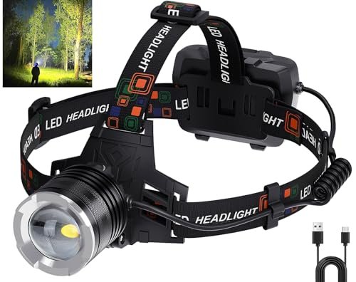 LED Rechargeable Headlamp, 99,000 Lumens Head Lamps (Include Βattery) Super Bright Long Distance Headlamps with 5 Mode Waterproof, 90° Adjustable Head Lights for Forehead Adults Outdoor Camping