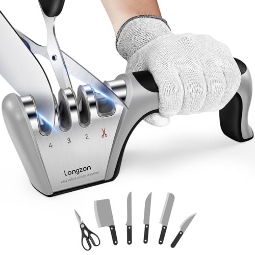 Longzon 4-in-1 Knife Sharpener [4 Stage] with a Pair of Cut-Resistant Glove,Original Premium Polish Blades, Best Kitchen Knife Sharpener Works for Fruit and Steel Knives, Scissors(Black+Silver)