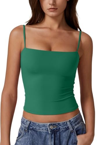 QINSEN Women's Square Neck Camisole Tank Top Adjustable Spaghetti Straps Sleeveless Basic Cami Shirts Clover Green M