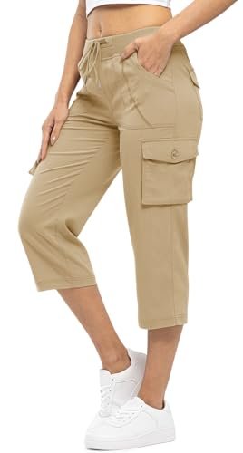 Rdruko Women's Cargo Capris Pants Lightweight Quick Dry Hiking Summer Casual Travel Pants with Pockets,Khaki, US L