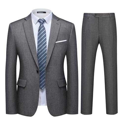 WULFUL Men's 2 Piece Slim Fit Suit Set One Button Blazer Jacket Pants Tuxedo Set for Party, Wedding and Business Dark Grey