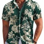 COOFANDY Men's Short Sleeve Button Down Shirts Wrinkle Free Hawaiian Shirts for Men, Green - Palm Tree, Large