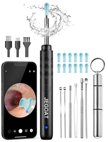Jegoat Ear Wax Removal, Ear Wax Removal Tool Camera with 1296P HD Camera and 6 LED Lights, Ear Cleaner with 10 Ear Pick, Upgraded Ear Wax Removal Kit for iOS and Android, Black