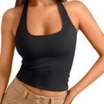 Trendy Queen Halter Tops for Women 2026 Spring Fashion Summer Going Out Tops Backless Crop Sleeveless Workout Shirts Beach Vacation Outfits Casual Cute Y2k Clothes Black XL