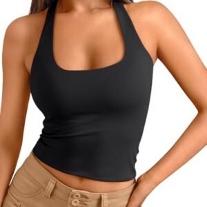 Trendy Queen Halter Tops for Women 2026 Spring Fashion Summer Going Out Tops Backless Crop Sleeveless Workout Shirts Beach Vacation Outfits Casual Cute Y2k Clothes Black XL