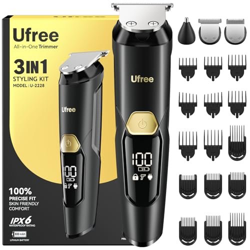 Ufree 3-in-1 Beard Trimmer for Men, Valentine Gifts for Men, IPX6 Waterproof Men's Electric Razor Shaver for Mustache, Professional Hair Trimmer Clippers, Type-C Body Grooming Kit