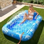 Inflatable Tanning Pool Lounger Float with Sprinkler, 77" x 48" Pool Floats Adult with Pillow, 6 in 1 Suntan Tub Raft Floatie with Drink Holder Sunbathing Water Lounge