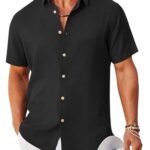 COOFANDY Mens Button Down Shirt Short Sleeve Casual Shirts Linen Textured Summer Beach Shirts Black